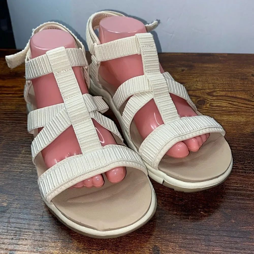DR. SCHOLL'S Adalia Sz 10 Beige Textured Fabric Adjustable Ankle Strap Sandals